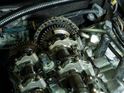 Detail of timing chain of the car engine disassembled for maintenance